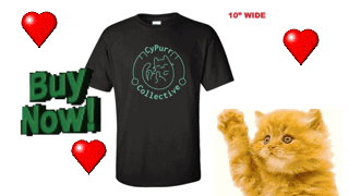 gif of a kitty adoring our new cypurr shirt (cyan cat logo on black tee) with text reading 'Buy Now!'